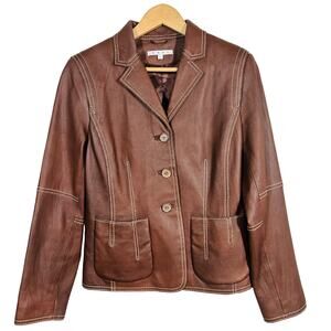 Cabi Leather Contrast Stitch Jacket Brown Waist Pockets Casual Winter - 8